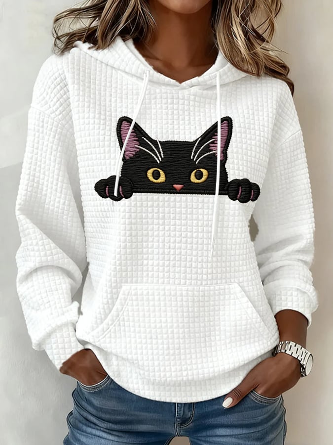 Women's Cat Print Waffle Fabric Hoodie