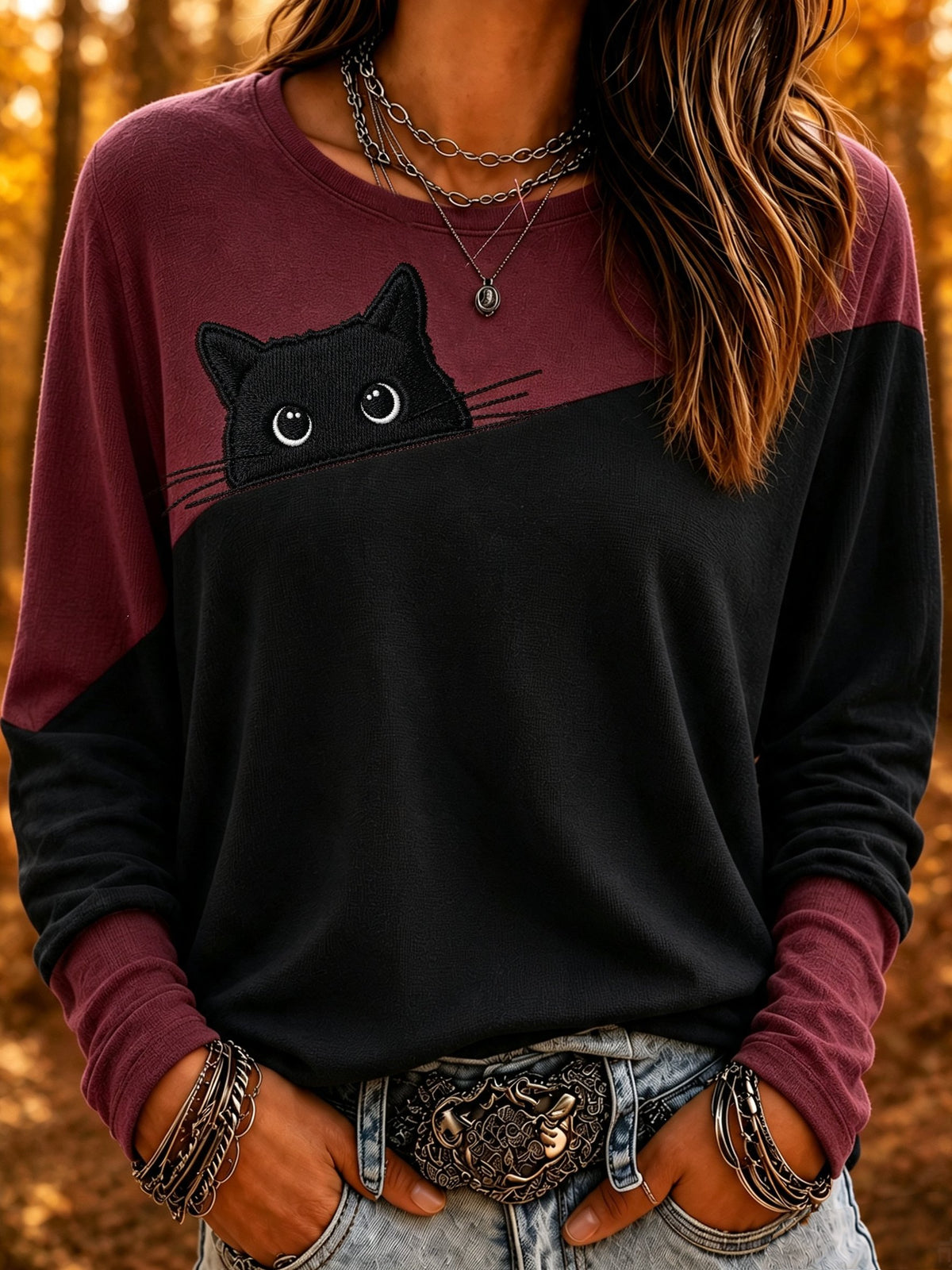Women's Mysterious Black Cat Print Crew Neck Top