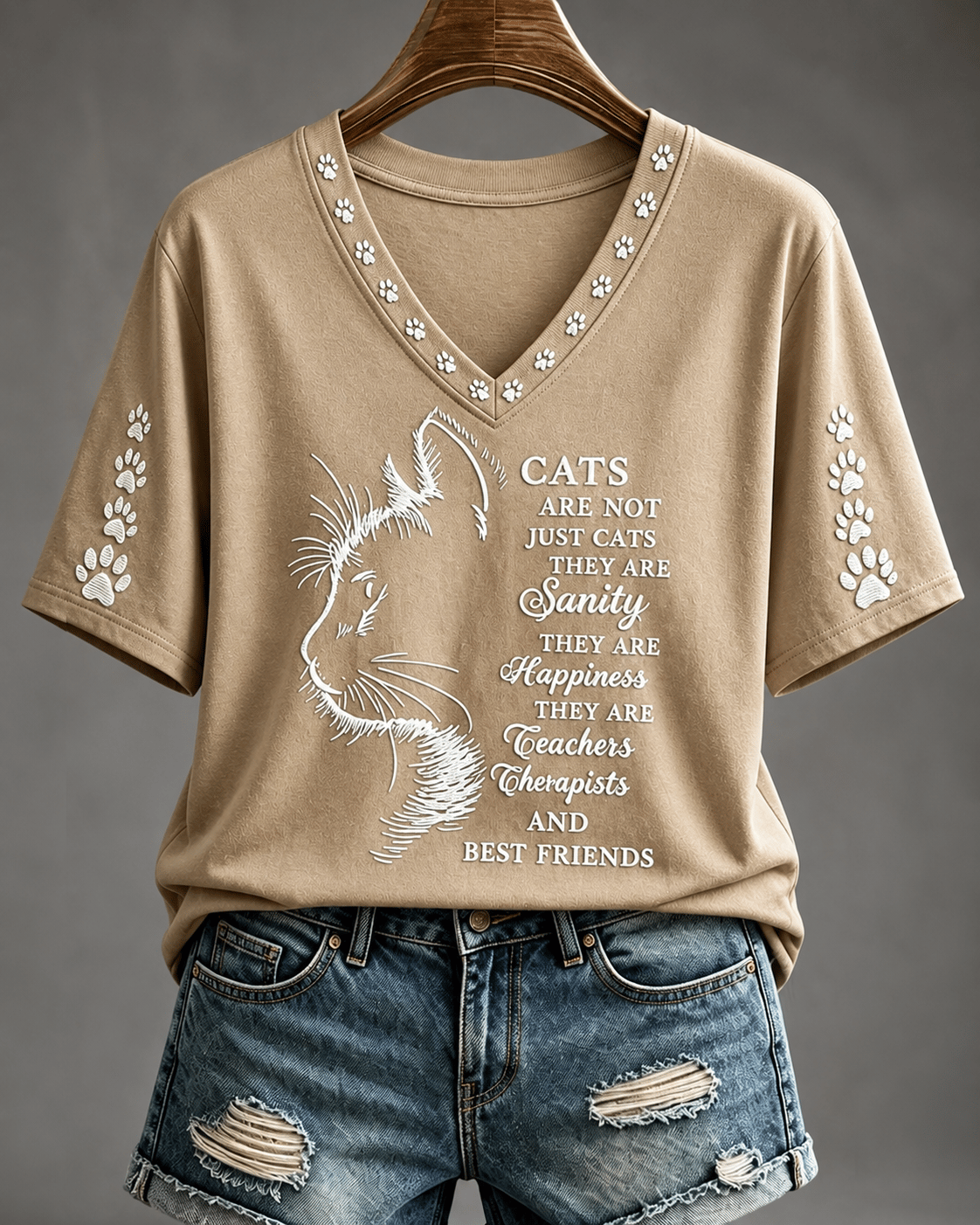Women's Cat Print V-Neck Top