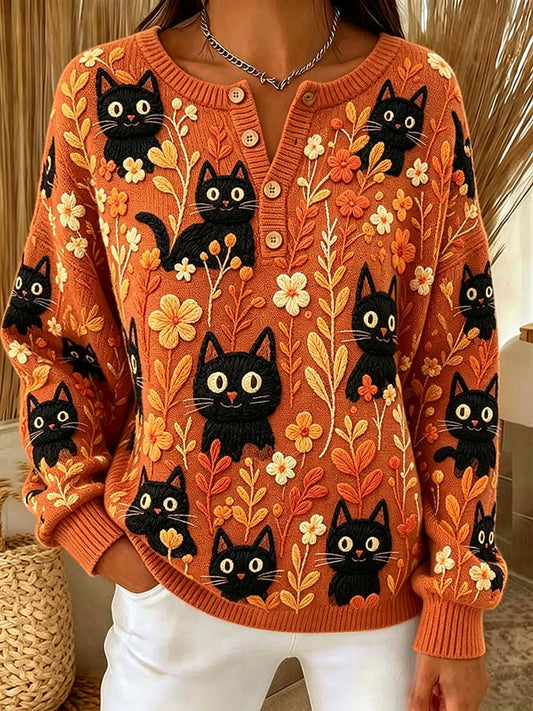 Women's Casual Print Button-Up Collar Knit Top