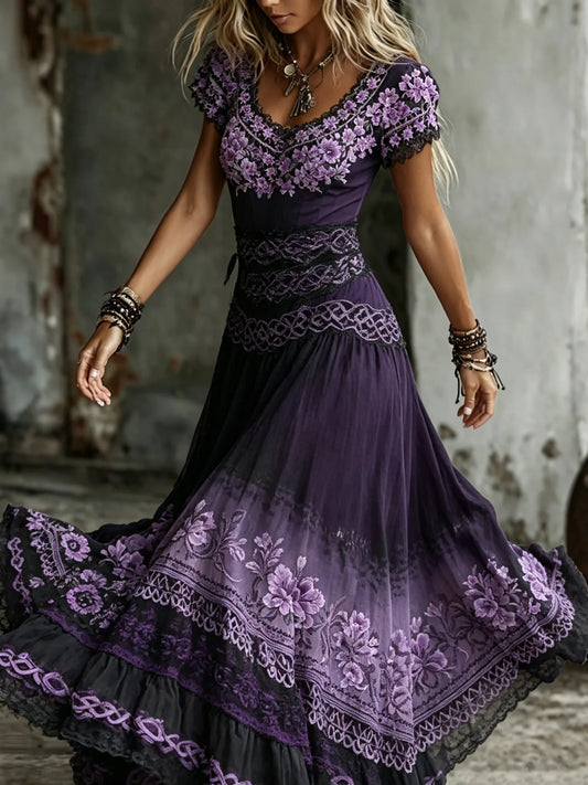 Women's Vintage Purple Rose And Celtic Knot Embroidered Casual V-neck Dress