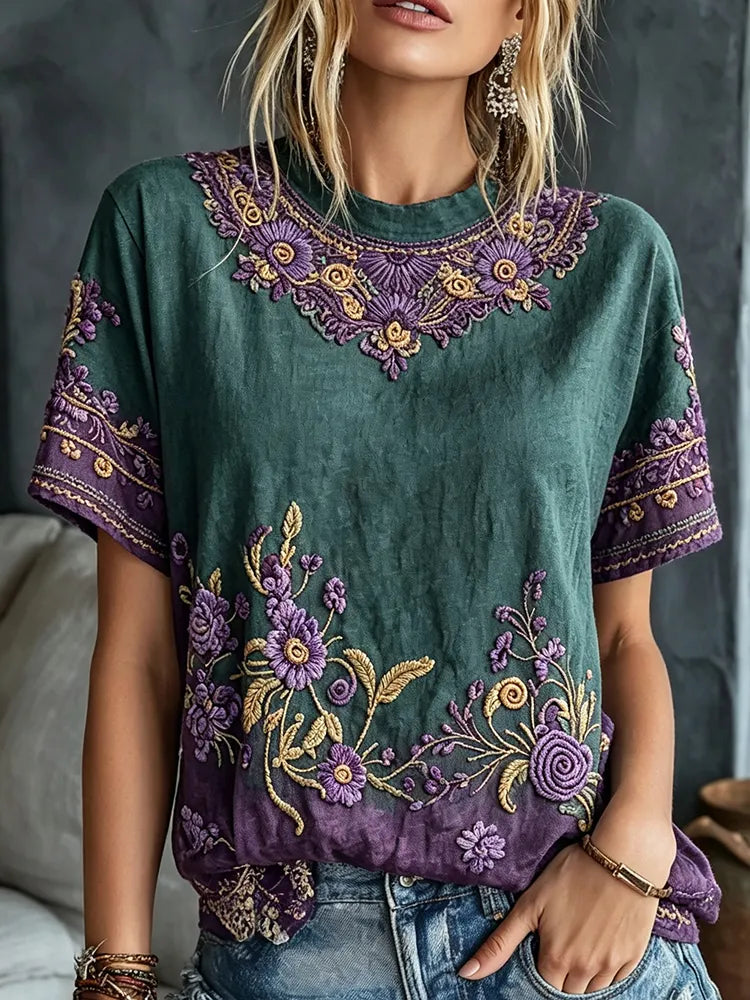 Women's Retro Floral Art Embroidery Cotton Linen Casual Round Neck T-shirt