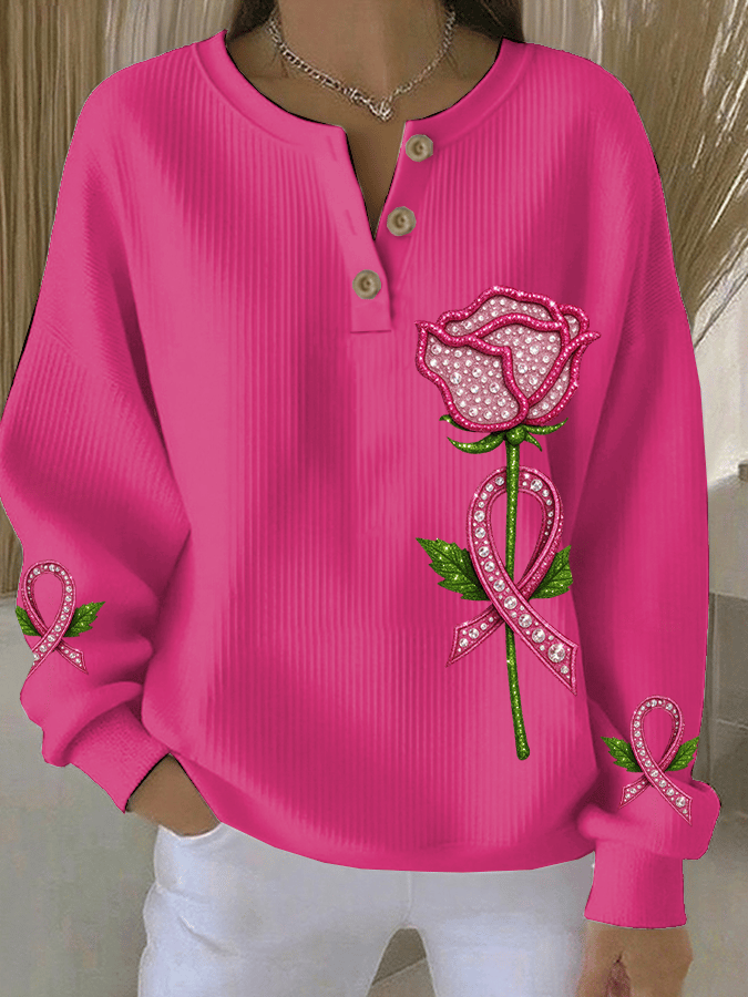 Women's Breast Cancer Awareness Print Casual Three-Button Henley Neck Sweatshirt