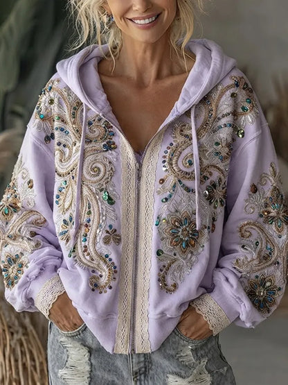 Women's Bohemian Vintage Beaded & Embroidered Lavender Zip Hoodie