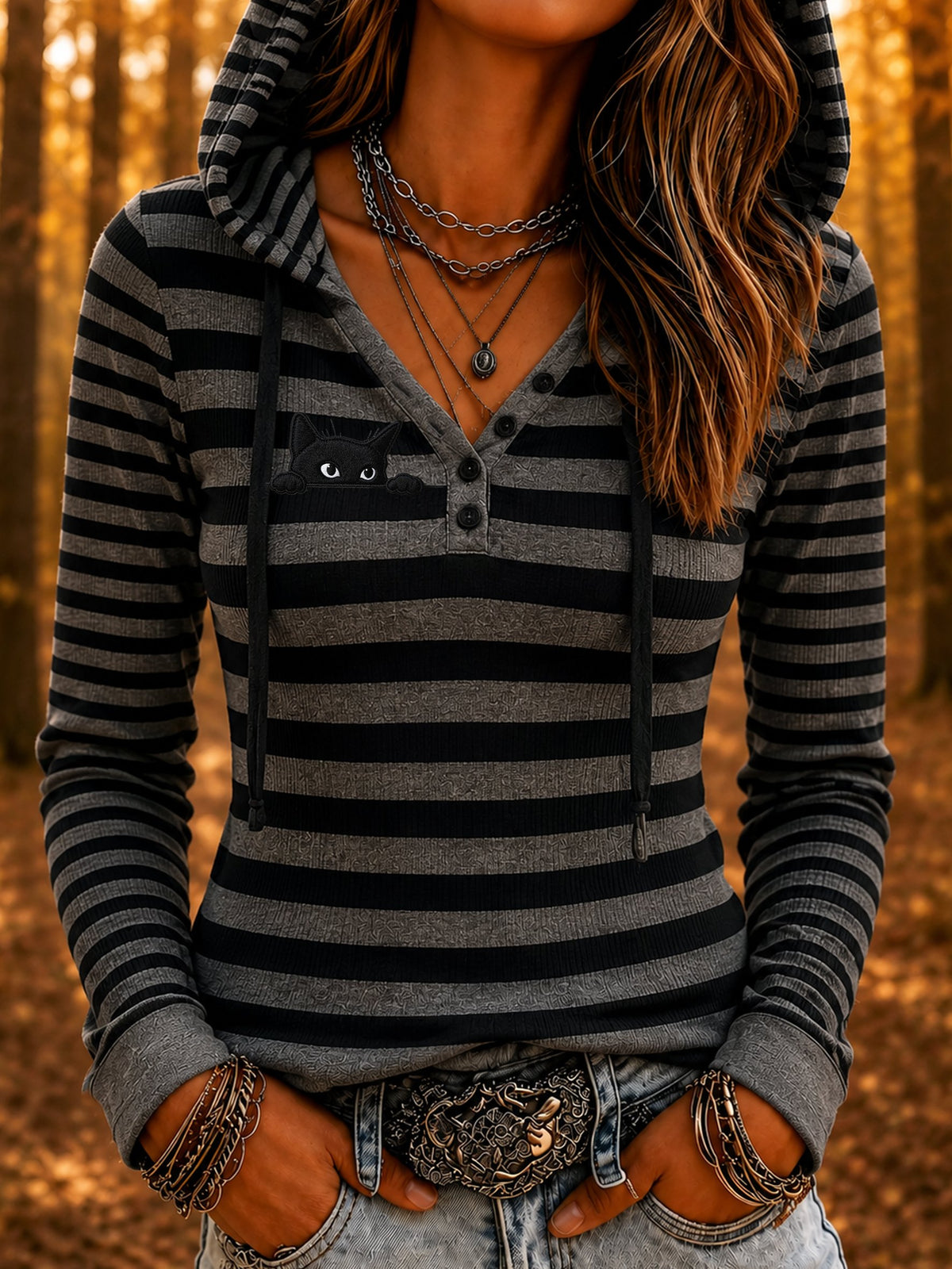 Women's Mysterious Black Cat Print Hooded Top