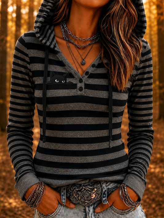 Women's Mysterious Black Cat Print Hooded Top
