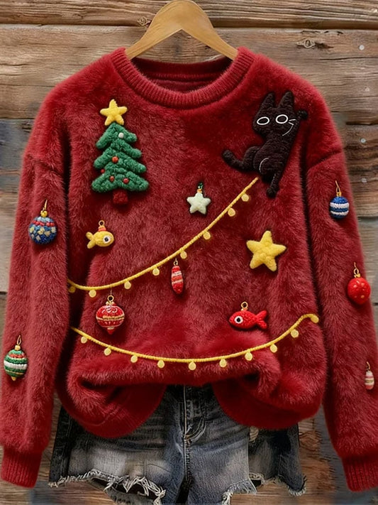 Women's Casual Christmas Cute Cat Print Long Sleeve Flannel Sweatshirt