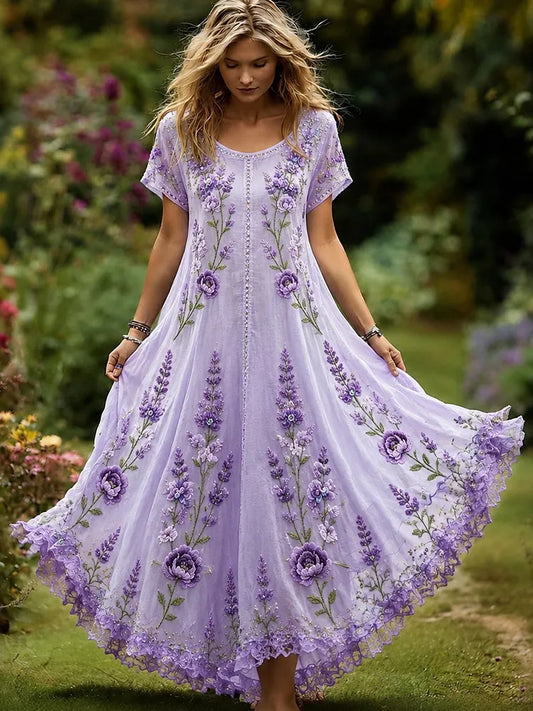 Women's Vintage Floral Embroidery Art Crew Neck Short Sleeve Maxi Dress