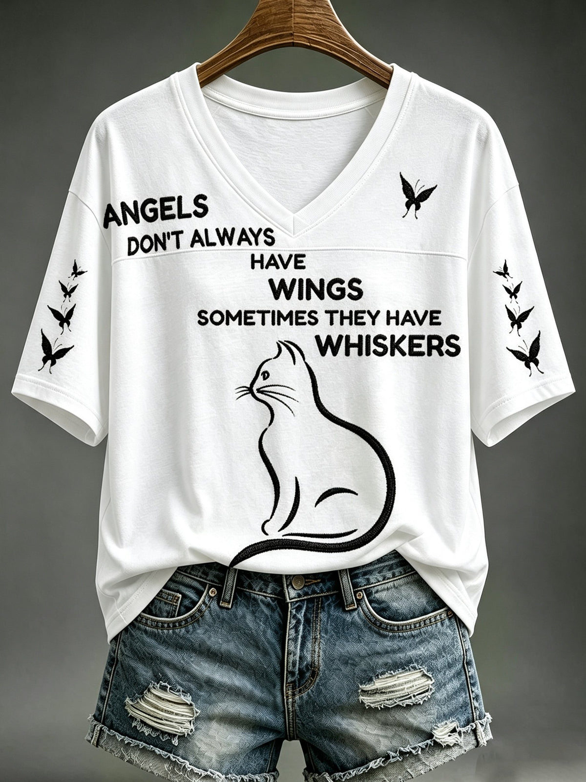 Women's Cat Whiskers Angel Print V-neck Top