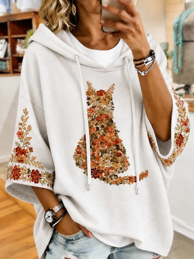Women's Autumn Fun Cat Pattern Print Hoodie