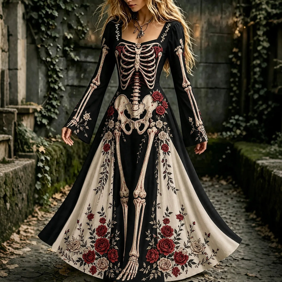 Women's Halloween Gothic Skeleton & Floral Long-sleeve Maxi Dress