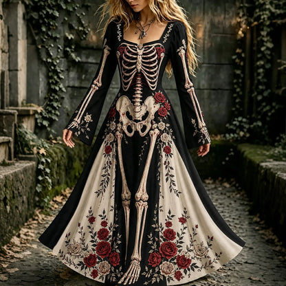 Women's Halloween Gothic Skeleton & Floral Long-sleeve Maxi Dress