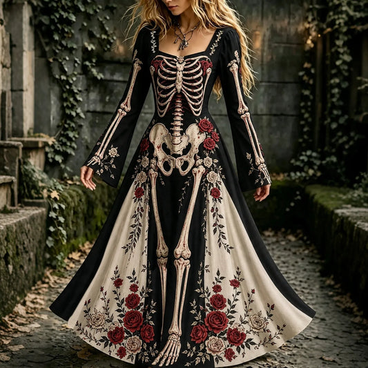 Women's Halloween Gothic Skeleton & Floral Long-sleeve Maxi Dress