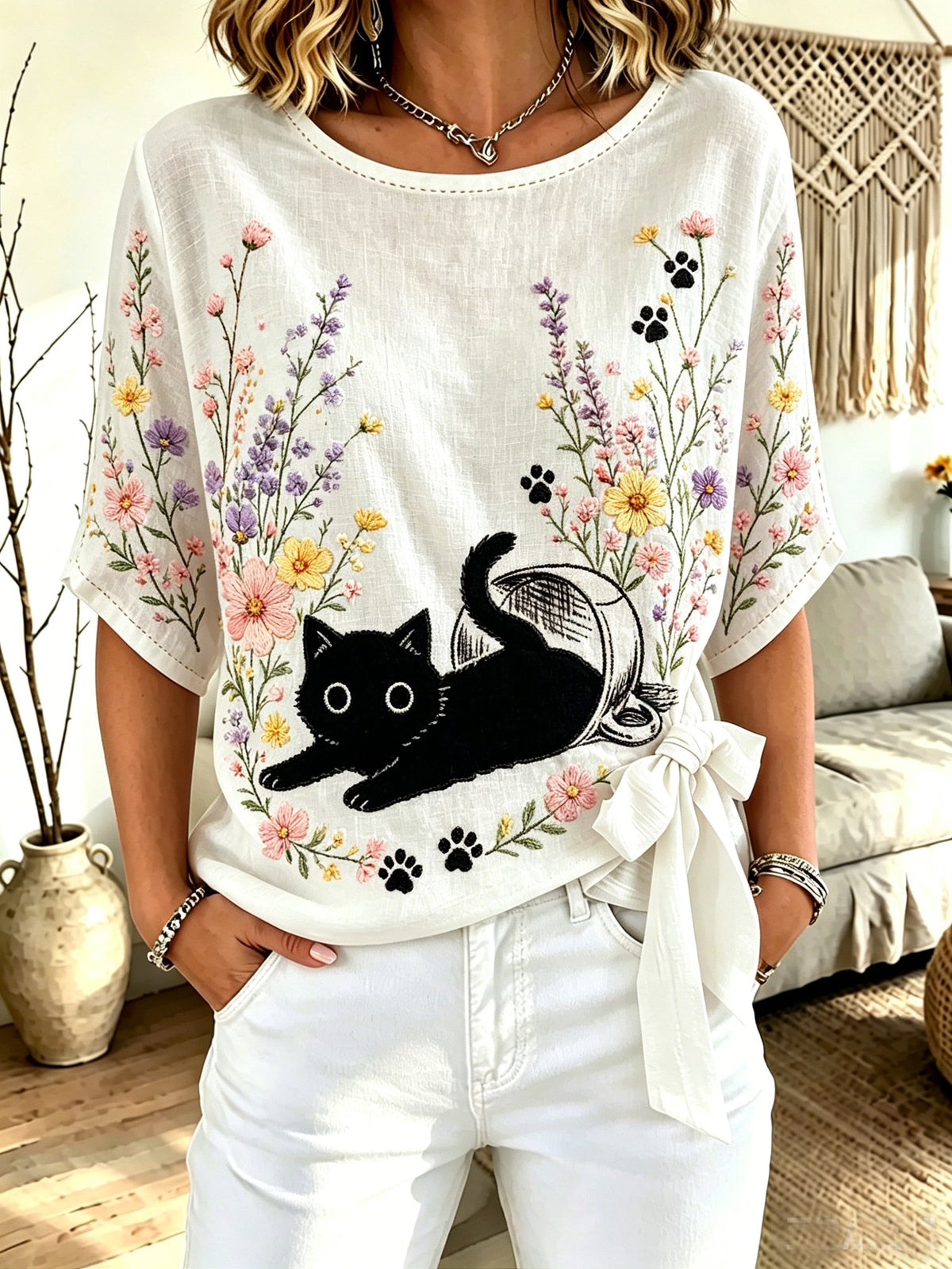 Women's Cat-Print Crew-Neck Tie-Front Top