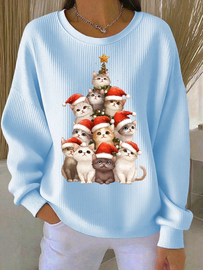 Women's Christmas Cat Print Knit Crew Neck Long Sleeve Top