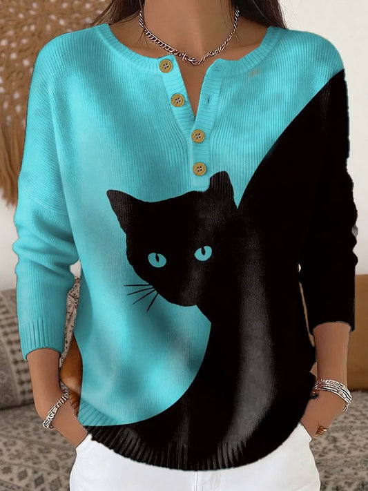 Women's Casual Cat Print Knit Top
