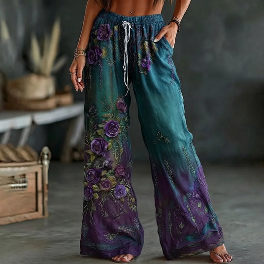 Women's Retro Purple Rose Gradient Pattern Casual Linen Pants