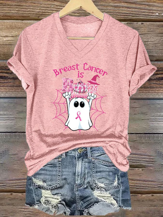 Women's Breast Cancer Is Boo Sheet Print V Neck T-shirt