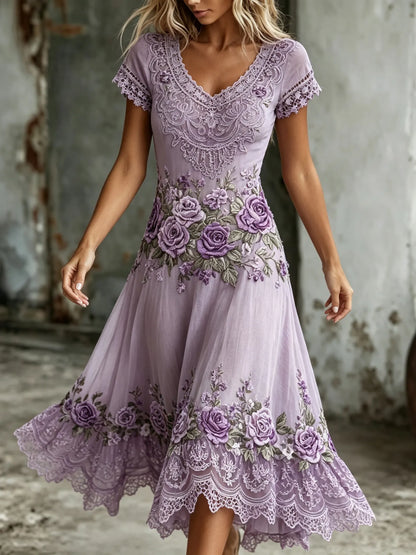 Women's Retro Purple Rose Embroidery Art V Neck Short Sleeve Midi Dress