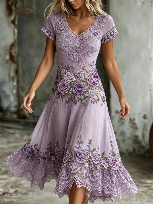Women's Retro Purple Rose Embroidery Art V Neck Short Sleeve Midi Dress