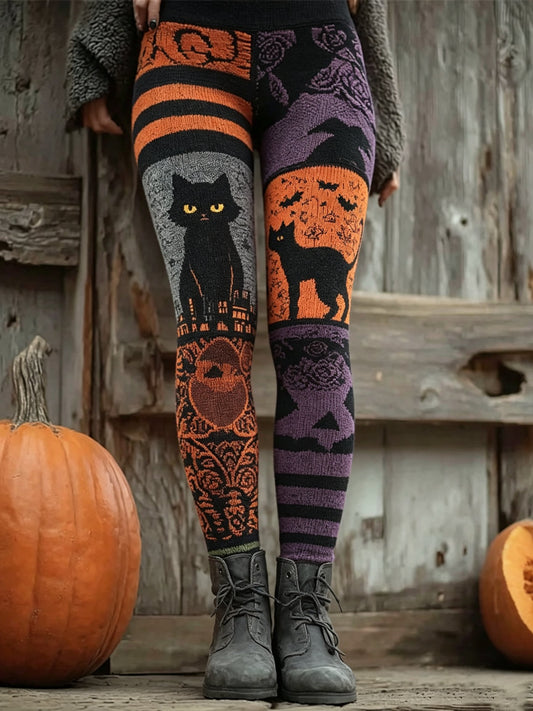 Women's Retro Pumpkin And Black Cat Print Leggings