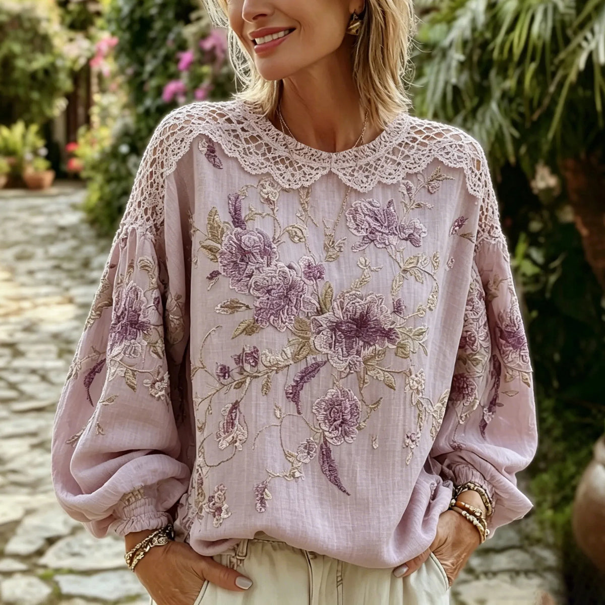 Women's Retro Purple Floral Embroidery Cotton Linen Round Neck Long Sleeve Top