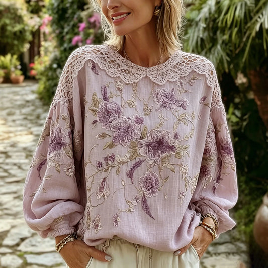 Women's Retro Purple Floral Embroidery Cotton Linen Round Neck Long Sleeve Top
