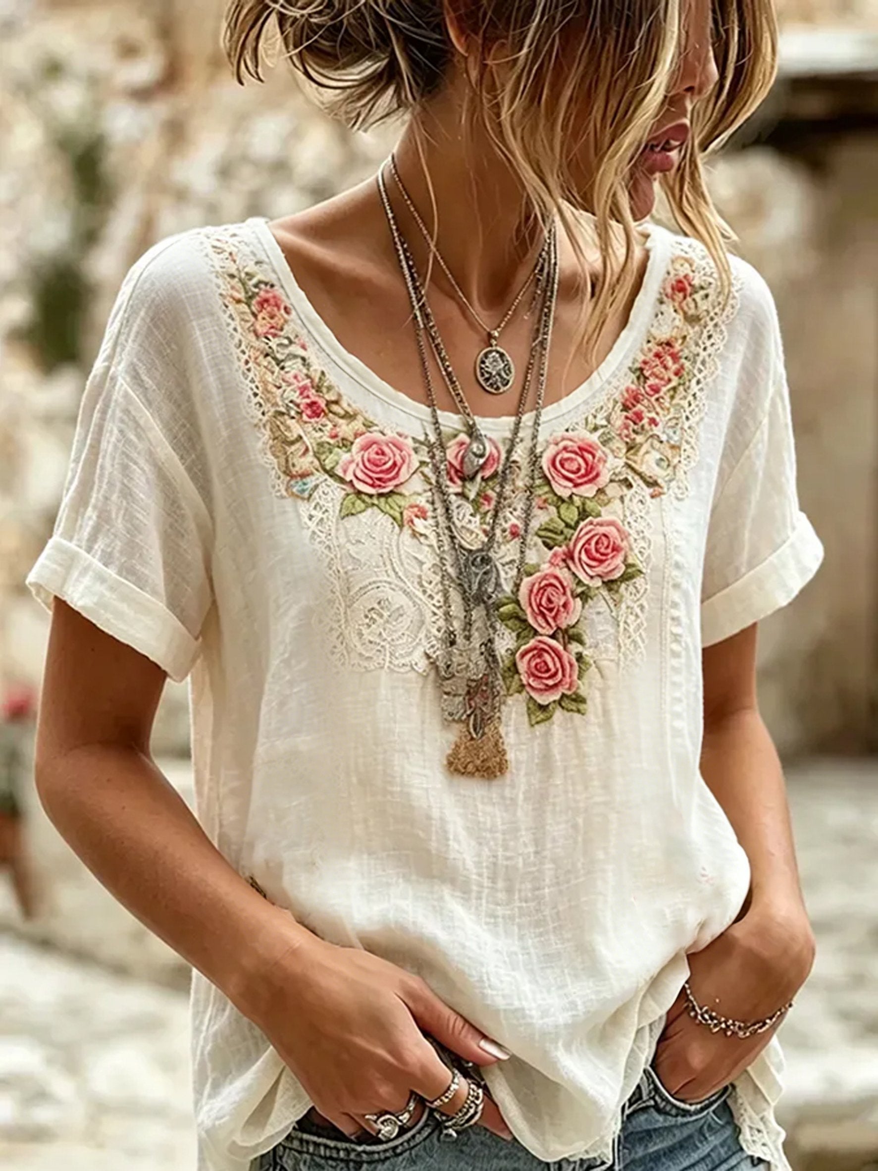 Women's Retro Breast Cancer Floral Print Top