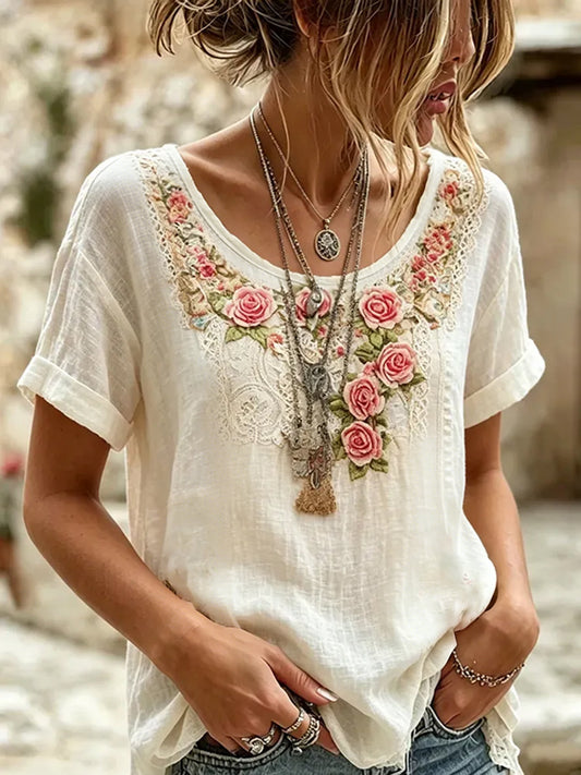 Women's Retro Breast Cancer Floral Print Top