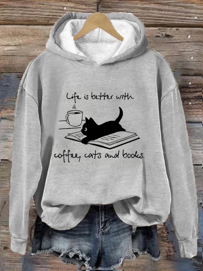Women's Coffee Cat And Book Print Hoodie