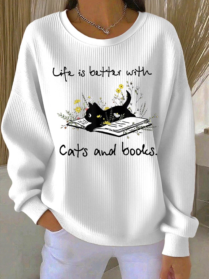 Women's "Life Is Better With Cats And Books." Printed Knit Crew Neck Long Sleeve Top