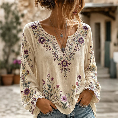 Women's Retro Boho Floral Art Cotton Linen V Neck T-shirt