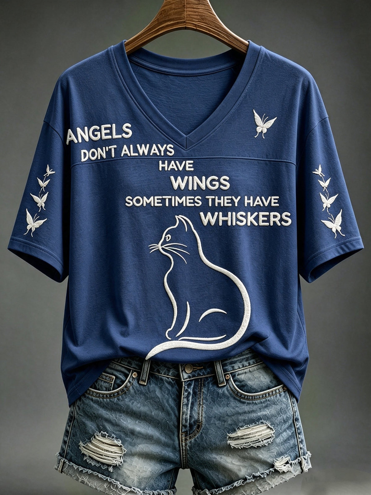 Women's Cat Whiskers Angel Print V-neck Top