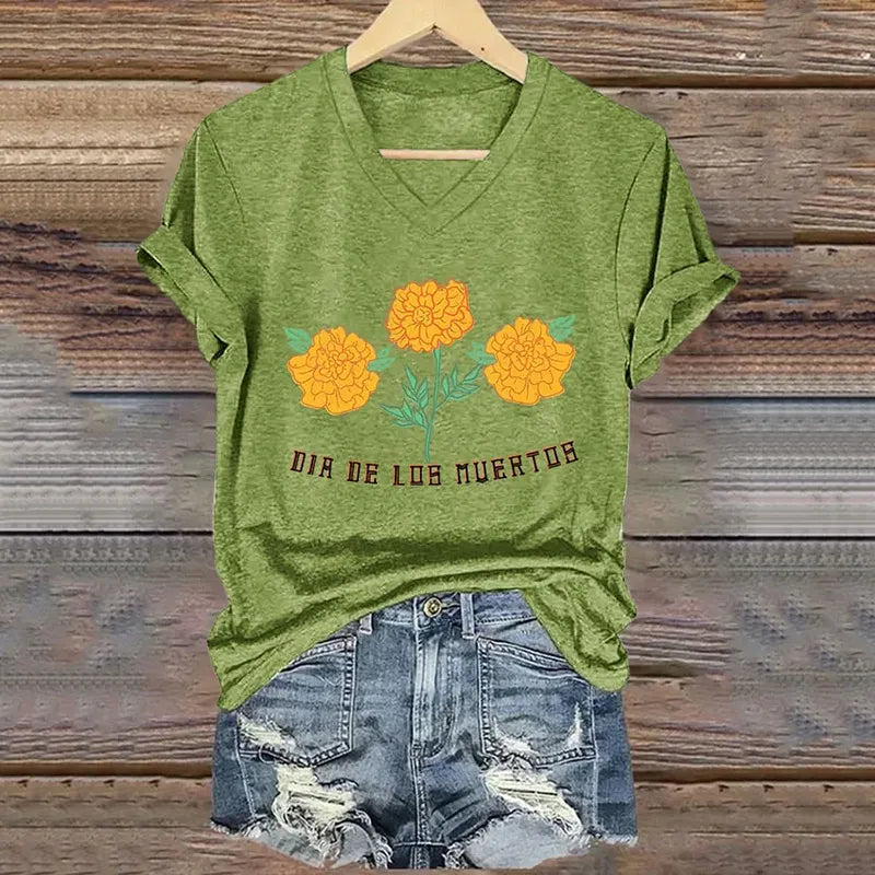 Mexican Retro Day Of The Dead Dia De Los Muertos Inspired Painting V-Neck T-Shirt