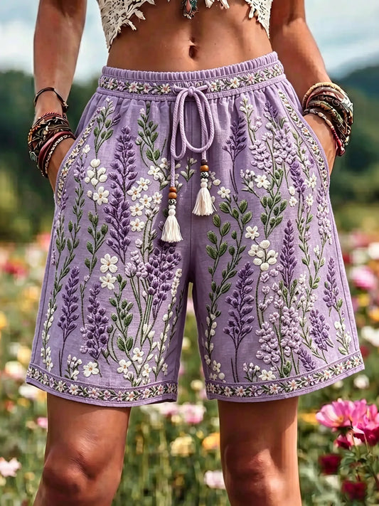 Women's Vintage Floral Art Embroidered Cotton Linen Casual Shorts