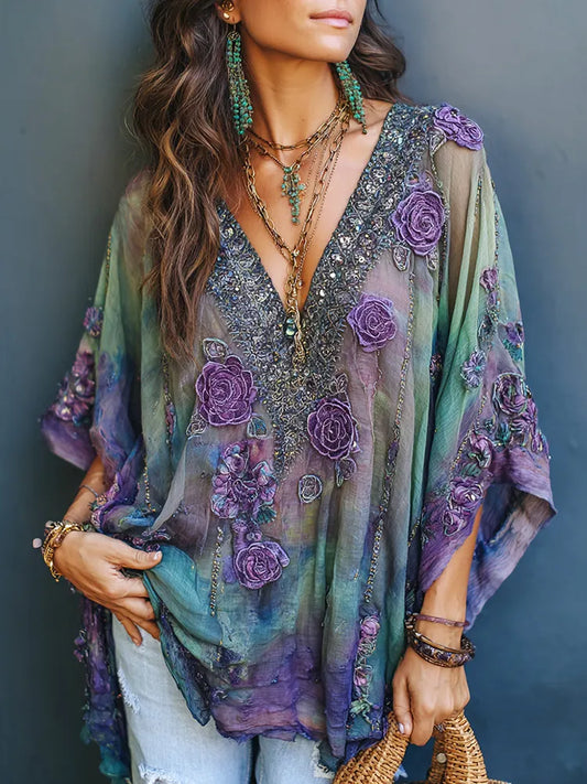 Women's Vintage Purple Rose Embroidery Gradient Print V-neck 3/4 Sleeve T-shirt
