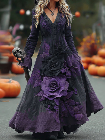 Women's Classic Halloween Purple Rose Art Comfy Linen Maxi Dress