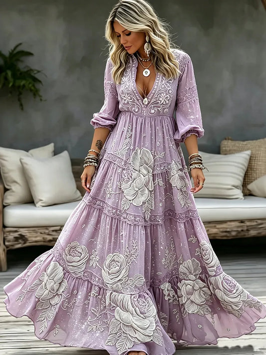 Women's Retro Floral Art Print Casual V Neck Long Sleeve Maxi Dress
