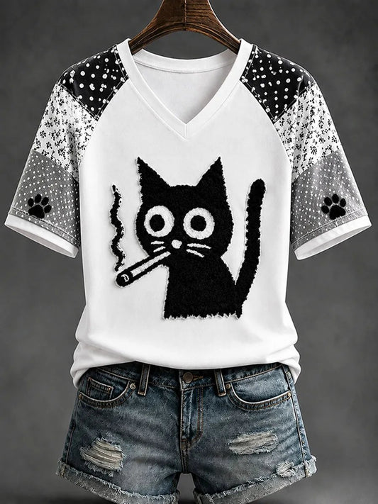 Women's Fun Black Cat Print T-Shirts
