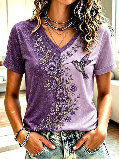 Women's Vintage Floral & Hummingbird Embroidery Art V Neck Short Sleeve T-shirt