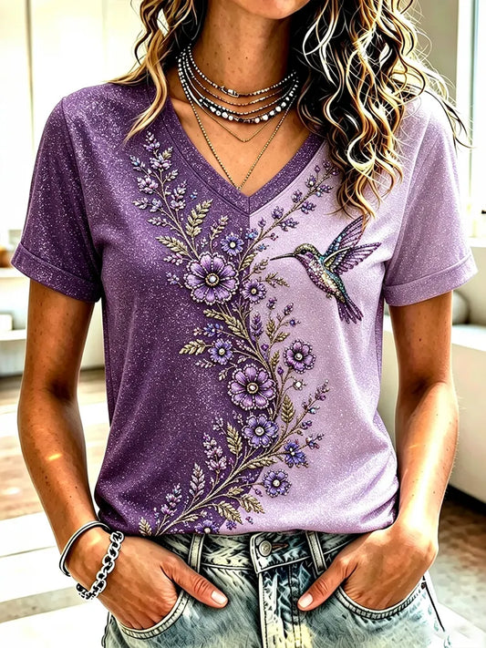Women's Vintage Floral & Hummingbird Embroidery Art V Neck Short Sleeve T-shirt