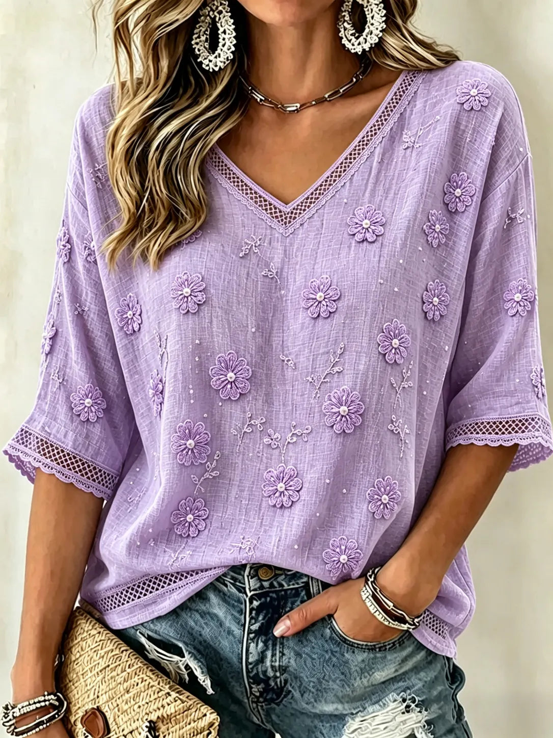 Women's Vintage Classy Purple Floral Art Flowy Linen Blend Three Quarter Sleeves T-shirt