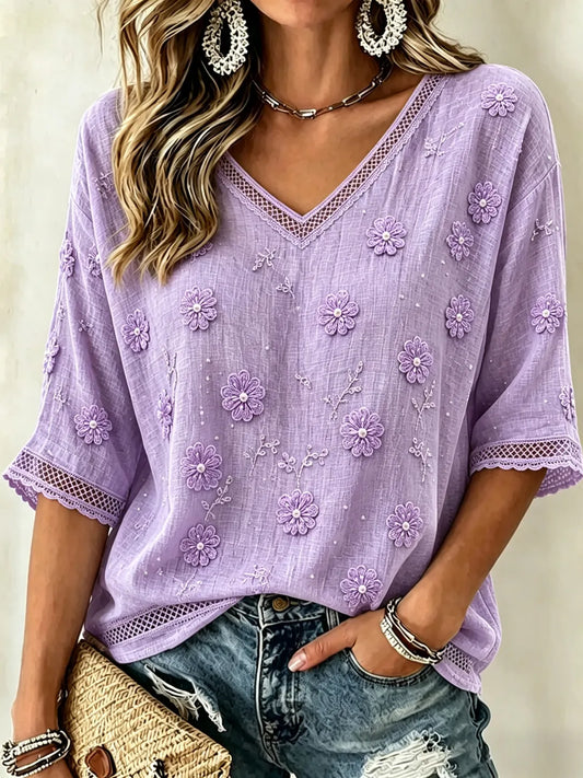 Women's Vintage Classy Purple Floral Art Flowy Linen Blend Three Quarter Sleeves T-shirt