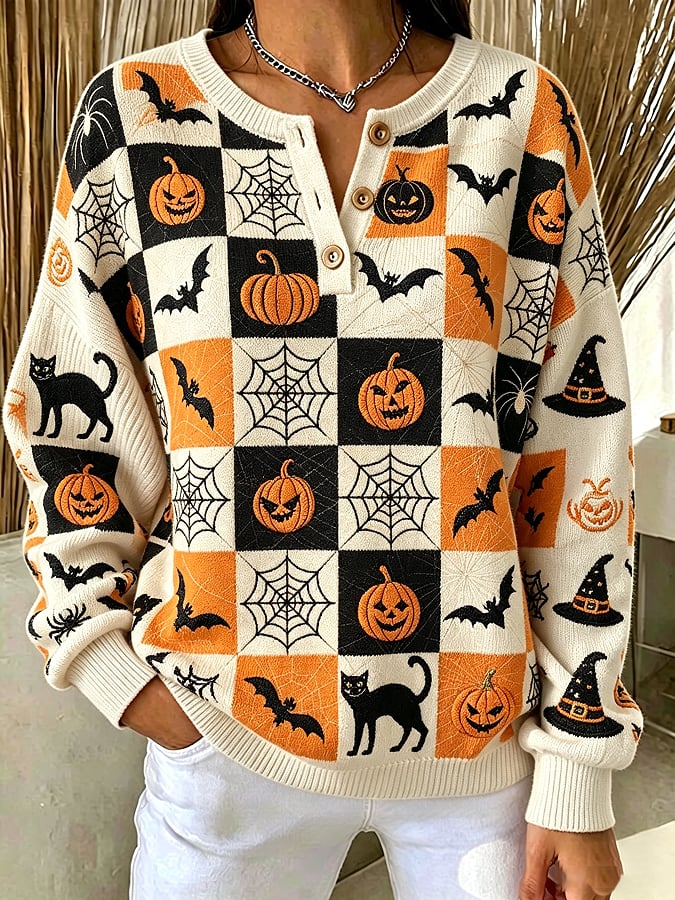 Women's Casual Black Cat Print Knit Top for Halloween