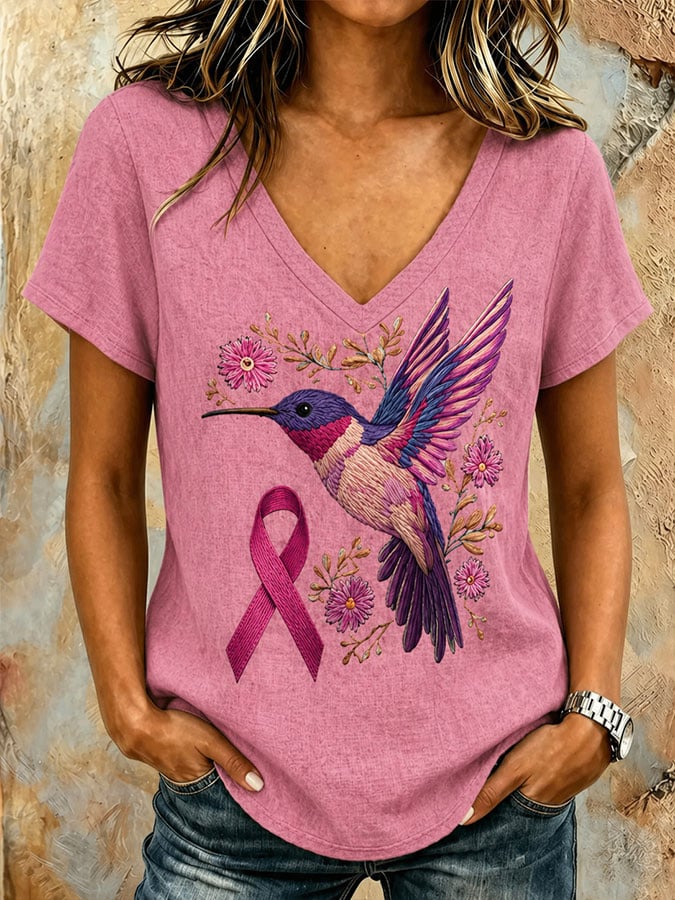 Women's Breast Cancer Awareness Hummingbird Ribbon Casual Printed T-Shirt