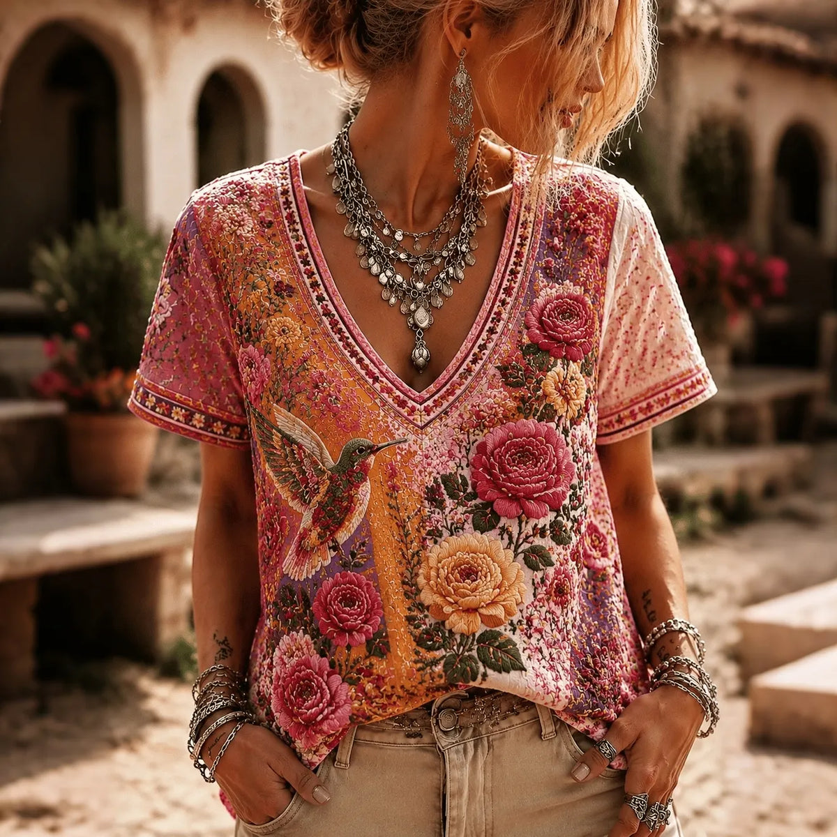 Women's Retro Vacation Floral And Bird Breast Cancer Symbol V-neck Short-sleeved T-shirt