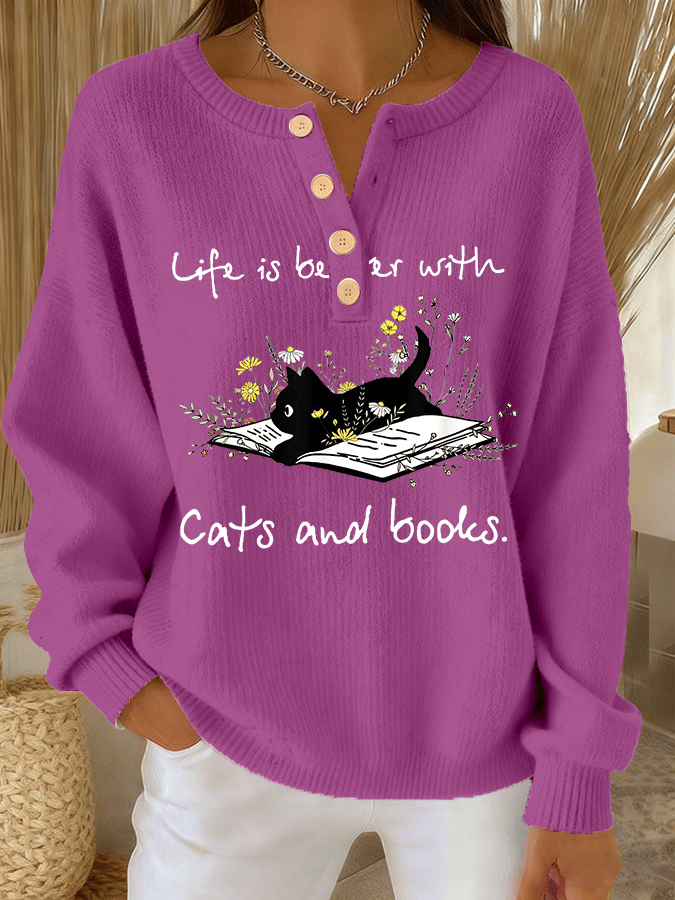 Women's Cute Cat Print Knit Button Top