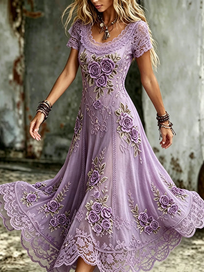 Women's Vintage Purple Floral Art Cotton Linen Short Sleeve Dress