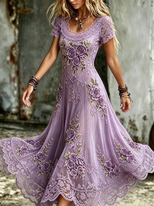 Women's Vintage Purple Floral Art Cotton Linen Short Sleeve Dress