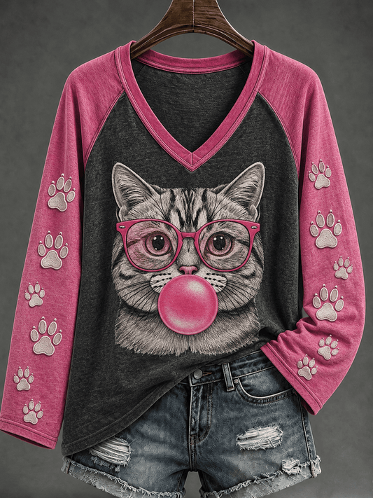 Women's Bubble Kitten Print V-Neck Top
